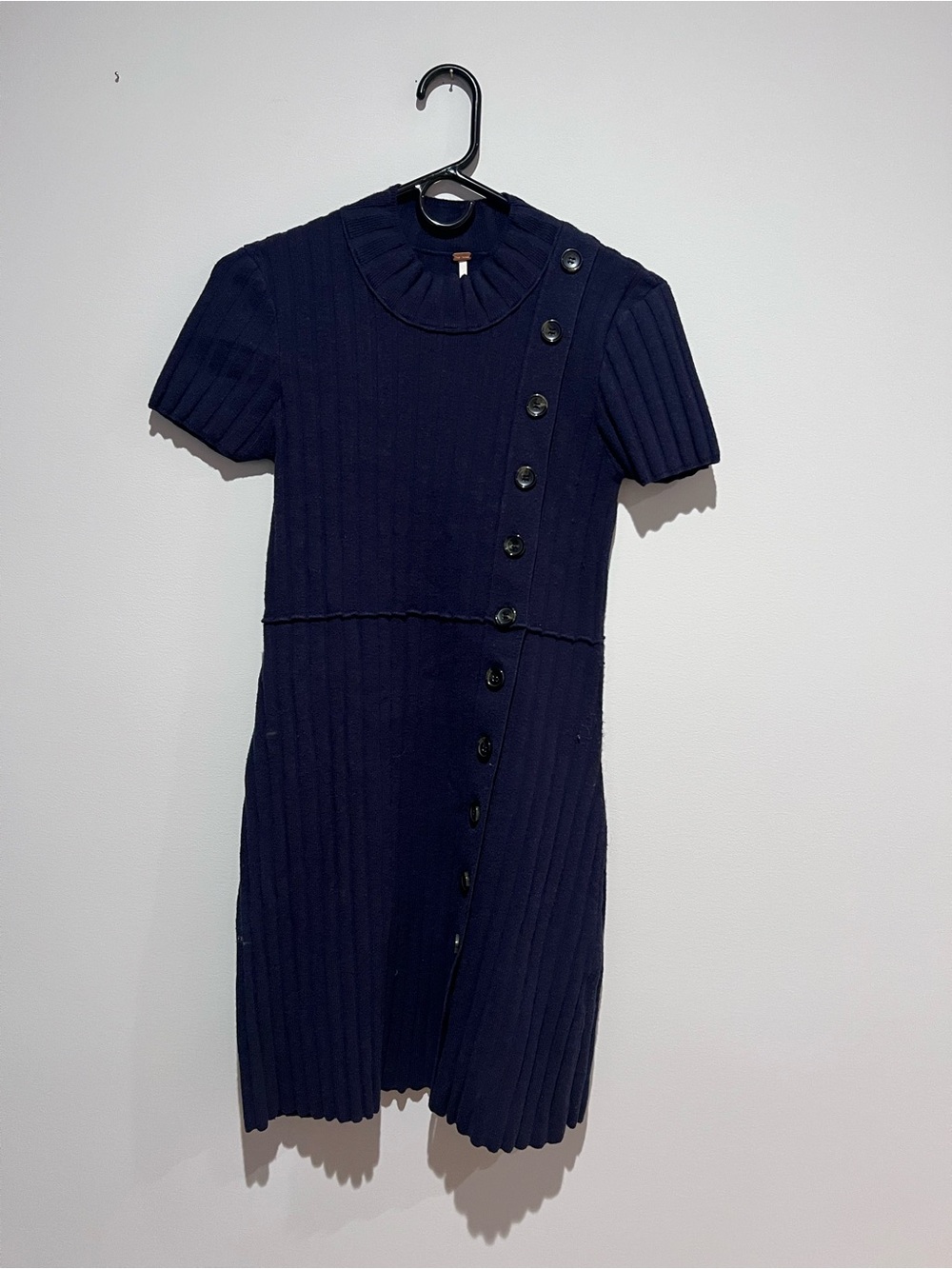 Free People Navy Ribbed Button-Front Short Sleeve Sweater Dress